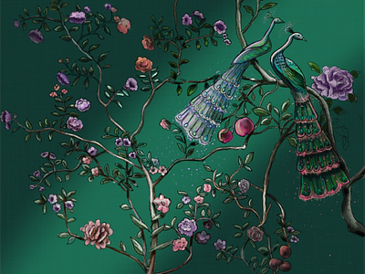 Peacocks and flor degournay floral flowers illustration painterly peacocks procreate wallpaper