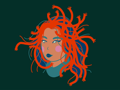 ALWAYS THINKING alone design existential flat hand drawn hands illustration illustrator medusa procreate snakes