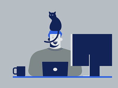 WFH cat coffee home illustration laptop man monitor remote wfh working