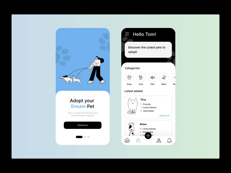 Adopt your Dream Pet animation app blackandwhite design figma graphic design motion graphics principle ui ux