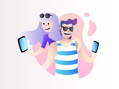 A couple holding smartphones adobe blobs boy characters colorful design cool girl illustration illustrator minimal mobile mobile phones modern photoshop summer sunglasses ui vector web