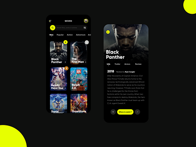 Movies app app app design black cinema concept design flat minimal mobile movie ui ux yellow