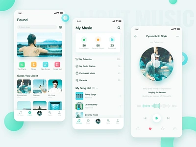 Light music UI design app cyan design green music ui ux