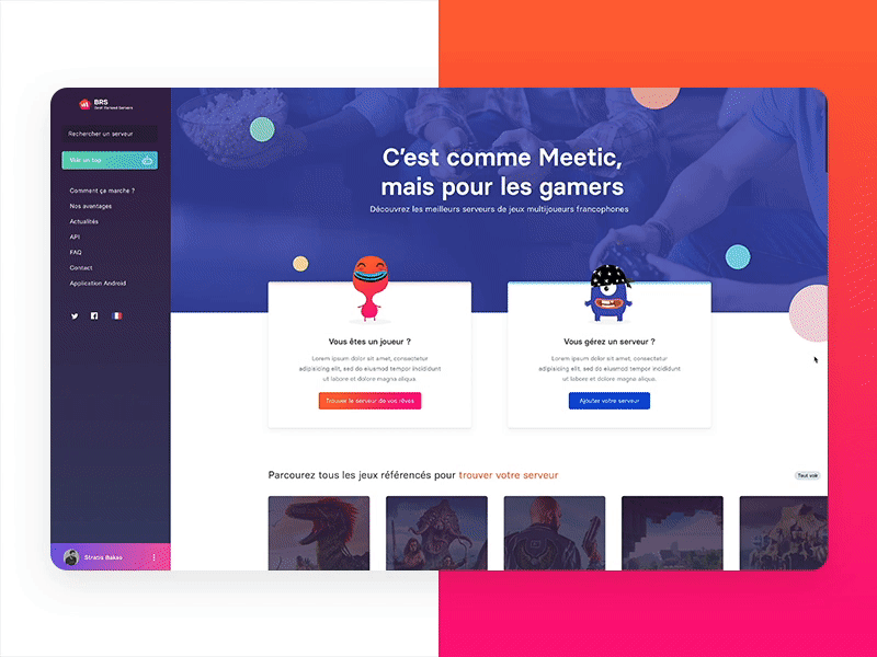 BRS Homepage card design game gaming gradient menu server sketch testimonials ui ux video web