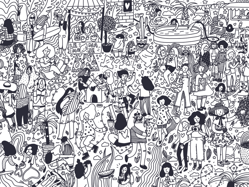 Summer market coloring book page illustration black and white line art coloring book
