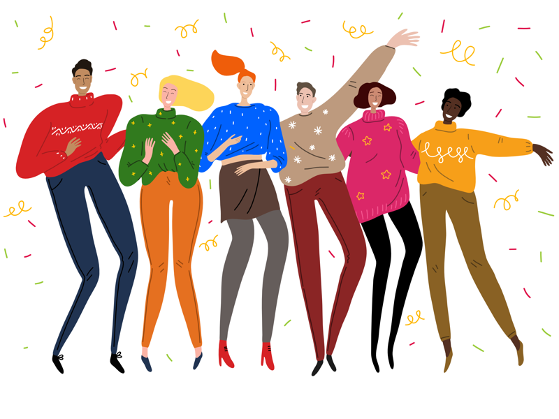 ‘tis the season! sweaters party new year christmas people art vector