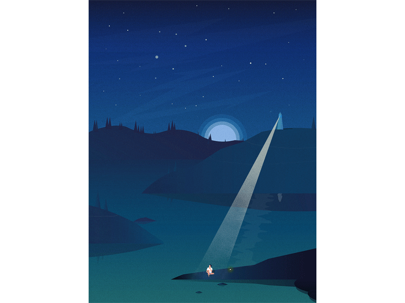 Lonely God blue flat gif illustration lighthouse mountain sea shooting star
