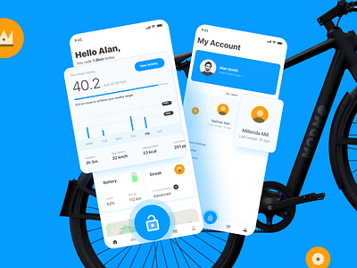 Modmo - Electric Bike - Mobile App - UI/UX account activity app design battery bike bike app charging ebike electric lock modern profile streak ui ux