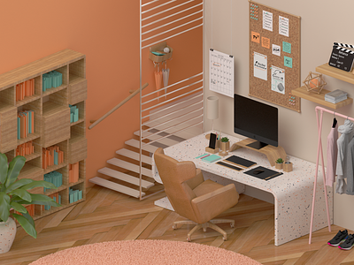 Cozy Design Studio apple architecture chair design designer flat home house imac interior iphone isometric keyboard monitor mouse office room studio workshop workspace