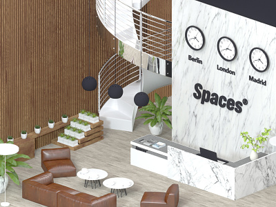 Office Center architecture chair cinema4d clocks coffee couch design interior isometric laptop loft office office space plant reception room stairs stairway table workspace