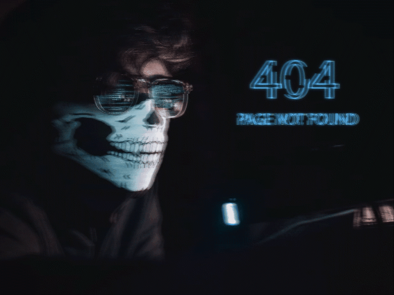 Hack - Page Not Found 404 404 error 404 page black blue cyber punk cyber security dailyui dailyui008 design error page gif glitch hack neon neon light photoshop skull ui white