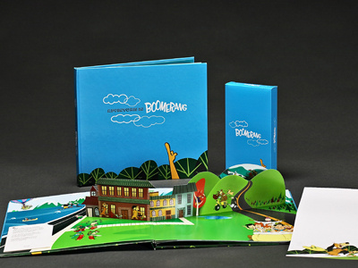 Boomerang media/sales kit award winning book interactive kids media pop up promotion sales kit