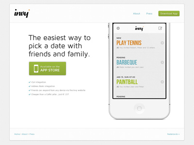 Invy App Landing Page app app store button green invy iphone landing page light white
