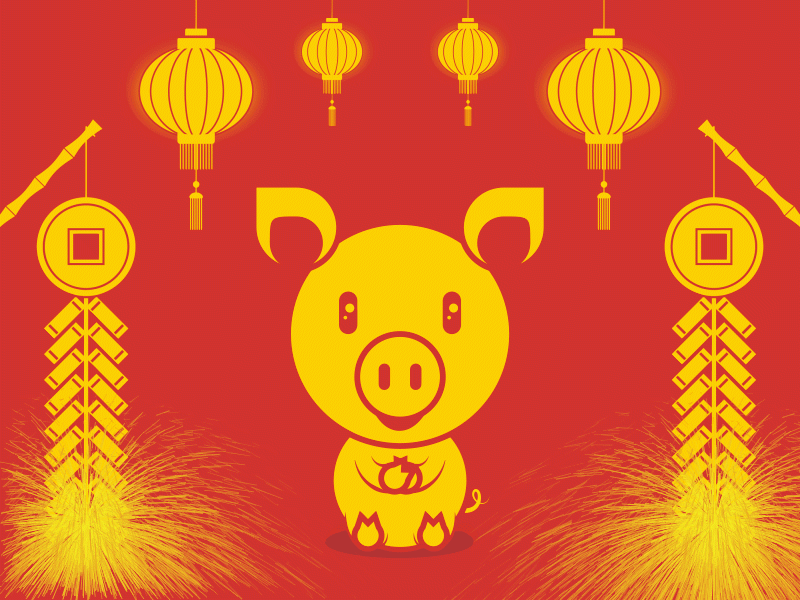 Lunar New Year 2019 of the Piggy 2d animation adobe aftereffects adobe illustrator chinese culture chinese tradition firecrackers illustration lanterns lunar new year pig bowing pig sitting piggy piglet year of the pig
