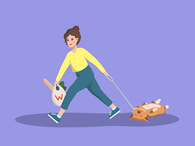 grrrl with a corgi adobe illustrator character design corgi girl grocery illustration vector walking