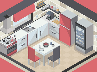 2D Isometric Kitchen Concept Design 2d concept design flat fridge isometric kitchen oven vector