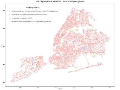 Snow Plowing Priorities by the NYC Department of Sanitation data datavisualization dataviz map mapping maps matplotlib open data open source plot python python programming roads