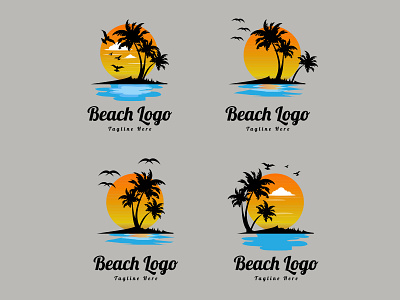 Beach Logo Design Set Vector Illustration, nature, summer, water background beach holiday illustration logo ocean outdoor palm sunset tree vocation water
