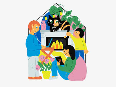 Glimpse into our little house adobe fresco cat cat illustration colourful family family portrait fireplace house illustration illustration inside ipad pro stay home vector