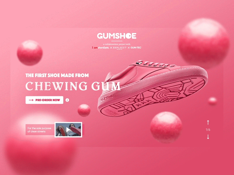 Gumshoe Landing page - Redesign chewing gum gumshoe landing page pink pre order shoe ui