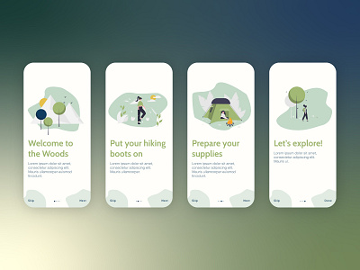 DailyUI 023 023 4 steps app dailyui dailyui 023 dailyui023 design graphic design green hiking illustration onboarding outside practice step by step trees ui
