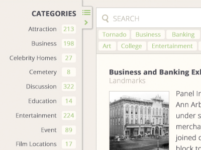 Categories and Tags and Searching and What Not search tags categories drawer slider subtle clean app design