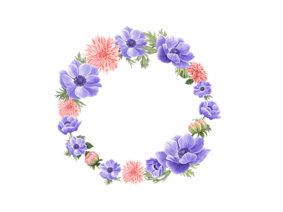 Wreath with anemone and dahlia flower anemone dahlia design element flower icon illustration png sticker watercolor wreath
