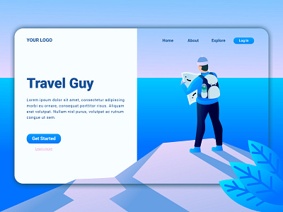 Travel Guy Landing Page adventure agency branding character design gradient illustration interface landing page landscape travel ui user website