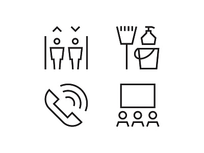 SOK wayfinding icons 2 building cinema clean cleaning co working conference elevator hall icons icons design lift minimal outline phone pictogram simple symbol system system icon wayfinding