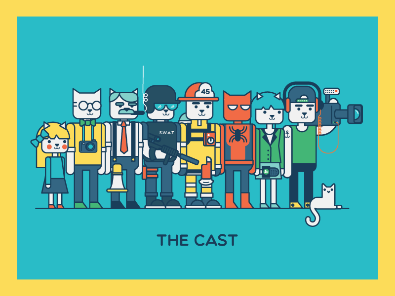 The Cast illustration characters cat cameraman fireman anchorman swat inspector tourist girl spidercat spiderman