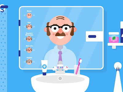 Avatar config environment avatar bathroom character configurator flat glasses man mirror shower curtain toothbrush toothpaste vector