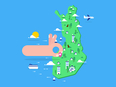 Finland bear clouds finland flat forrest house map plane sea vector water