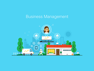 Business Management 2d character buildings business character design house illustration illustrator trees van vector