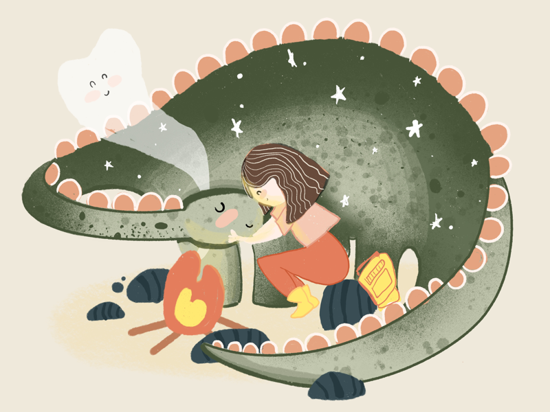Dino by the campfire campfire dinosaur designer illustration art daily illustration calm