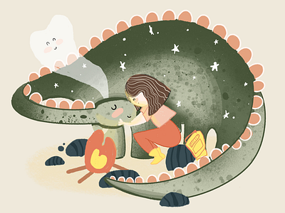 Dino by the campfire art calm campfire daily illustration designer dinosaur illustration