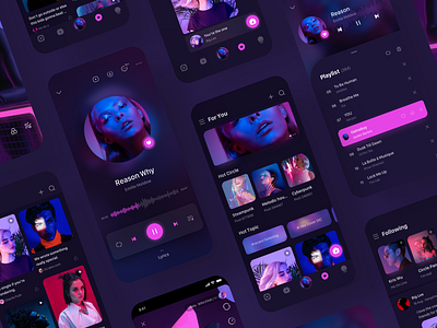 Music Social App app dark ui design icon ios mobile design mobile ui music player pink practice purple purple ui social media surface design ui ui design ux