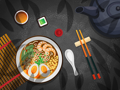 Ramen illustration art digital digital art drawing flat food food and drink illustation illustration illustrator japan japanese japanese food noise noisy ramen shadows soup tea vector