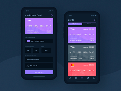 Credit Card App Dark UI app app design bank app black card clean creditcard dark dark app ios mobile app design ui ux