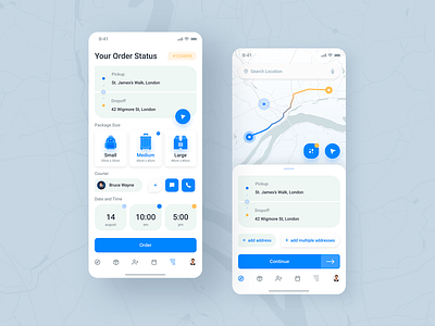 Delivery app (first) cards clean clean ui courier delivery map order parcel ui white