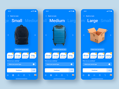 Delivery app (Parcel Size UI) blue cards clean clean ui delivery order parcel ui ux