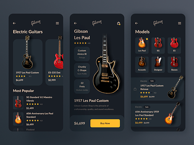 Mobile App for Gibson Guitars / Concept app design audio black lead card clean dark dashboad flat gibson guitar pick instruments ios les paul minimal mobile app music shop typoraphy ui ux