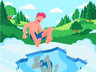 Bathing in the ice hole 2d boy character characterdesign colorful design flat happiness health ice illustration lake lifestyle nature vector
