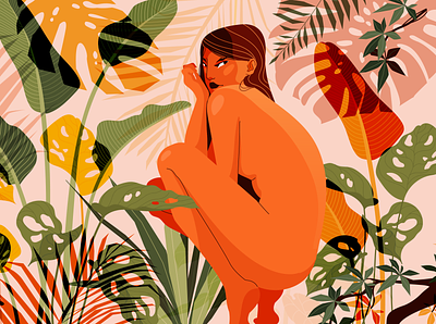 Selva body colors draw female illustration illustrator jamilla grannetia jungle leafs milibu nude plants selva vector woman woods