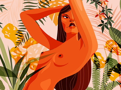 Selva body colors draw femme illustration illustrator jamilla grannetia jungle milibu nude orange plants selva vector woman woods