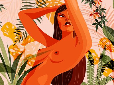 Selva body colors draw femme illustration illustrator jamilla grannetia jungle milibu nude orange plants selva vector woman woods