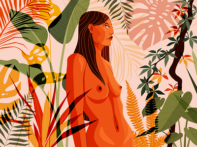 Selva body colors face femme graphic illustration illustrator jamilla grannetia jungle leafs milibu nude orange plants selva woman woods