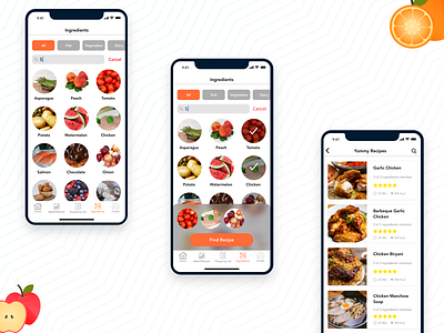 Select Ingredients iOS Design For Cravings adobe xd design food illustration ios ios presentation minimal recipe app select ingredients type typography ui ui design uiux ux