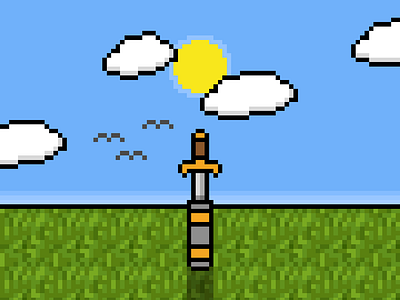 Adventure 8 bit fun gaming illustration landscape pixel sky sword