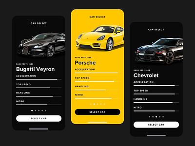 Car Select UI black black and white bold bugatti car car select cars chevrolet clean fast handling porsche select simple speed stat stats ui user interface yellow