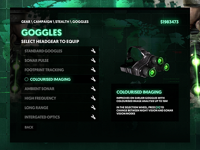 Splinter Cell Blacklist Equip UI digital design equipment game game design game user interface games games ui gaming goggles graphic design green menu ui playstation 3 ps3 splinter cell ui ui design user interface ux xbox360